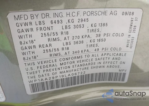 2009 Porsche Cayenne from USA, damaged, VIN WP1AA29P19LA06722